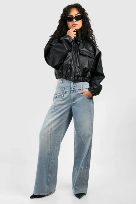 Women’s Faux Leather Cropped Bomber Jacket