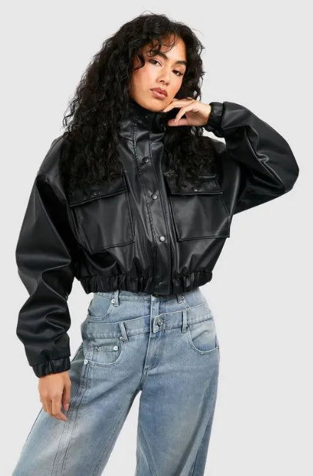 Women’s Faux Leather Cropped Bomber Jacket