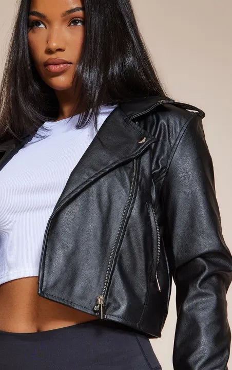 Women’s Cropped Black Faux Leather Biker Jacket – Slim Fit Moto Outerwear
