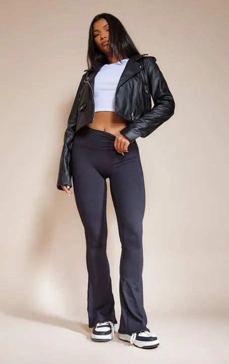 Women’s Cropped Black Faux Leather Biker Jacket – Slim Fit Moto Outerwear