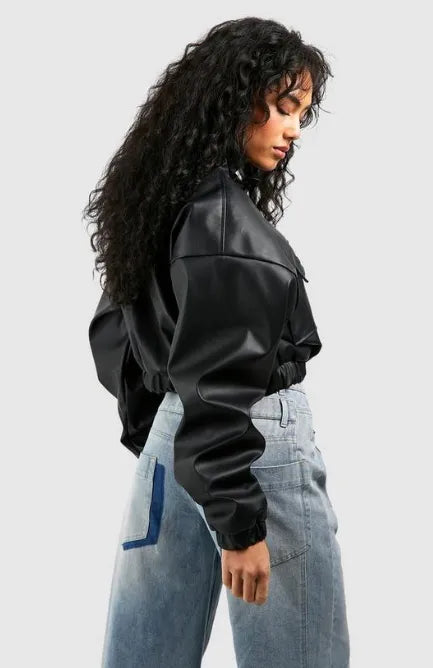 Women’s Faux Leather Cropped Bomber Jacket